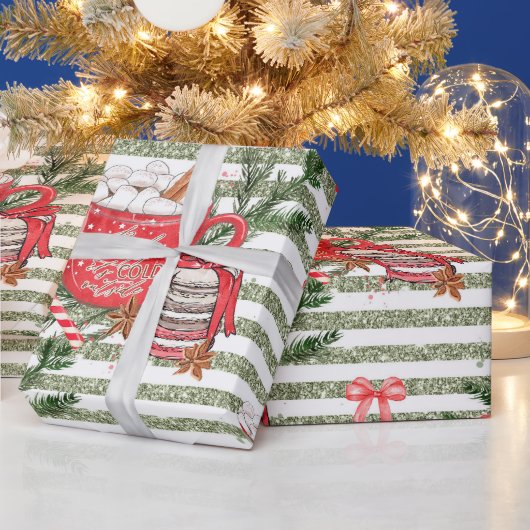 ココアの緑の外に独自の寒さを作ストライプ成 ラッピングペーパー (クリスマス)