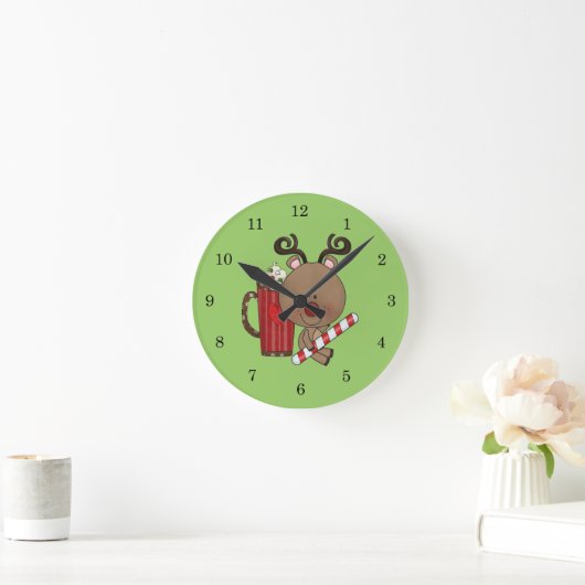 ココアを持つルディのトナカイ ラウンド壁時計 (ホーム)