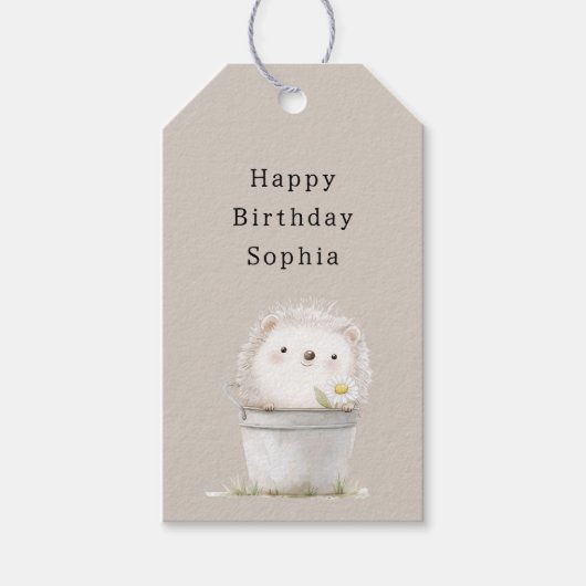 ココアクリームハリネズミデイジー花バケツ誕生日 ギフトタグ (正面)