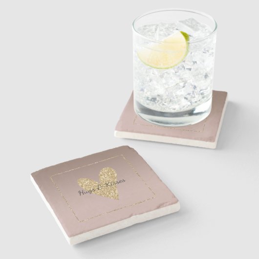 ココアクリームブラウングラデーション金ゴールドグリッターハート ストーンコースター (横)