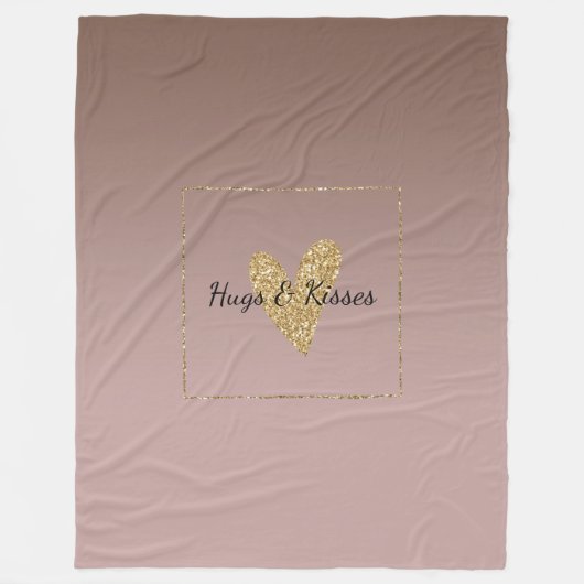 ココアクリームブラウングラデーション金ゴールドグリッターハート フリースブランケット (正面)