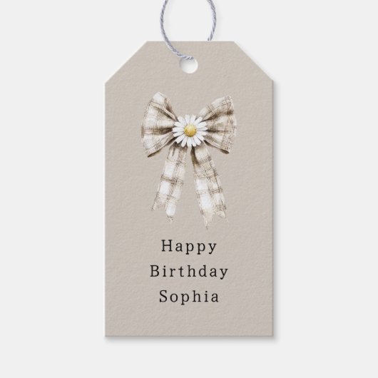 ココアクリーム白リボンダイジーの花 誕生日 ギフトタグ (正面)
