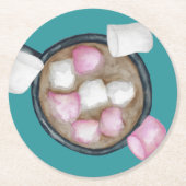 ココアマーシュマローズ熱チョコレートウィンターティール（緑がかった色）ピンク ラウンドペーパーコースター (正面)