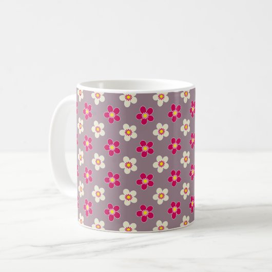 ココア色の背景に深紅と白の花の花柄 コーヒーマグカップ (正面左)