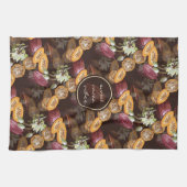 ココア豆と花チョコレートパターン キッチンタオル (横)