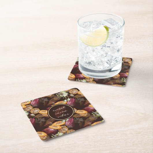 ココア豆と花チョコレートパターン スクエアペーパーコースター (インサイチュ)