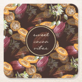 ココア豆と花チョコレートパターン スクエアペーパーコースター (正面)