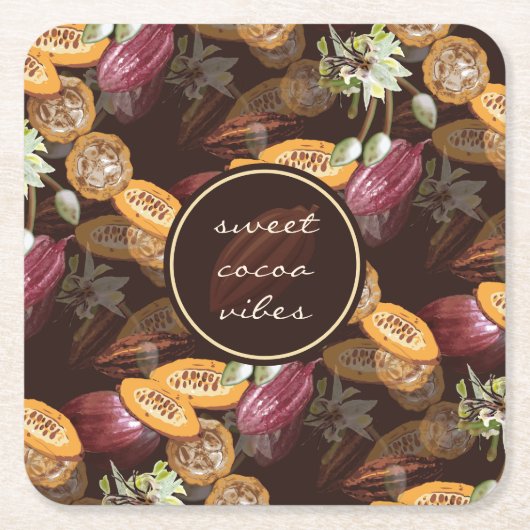 ココア豆と花チョコレートパターン スクエアペーパーコースター (正面)