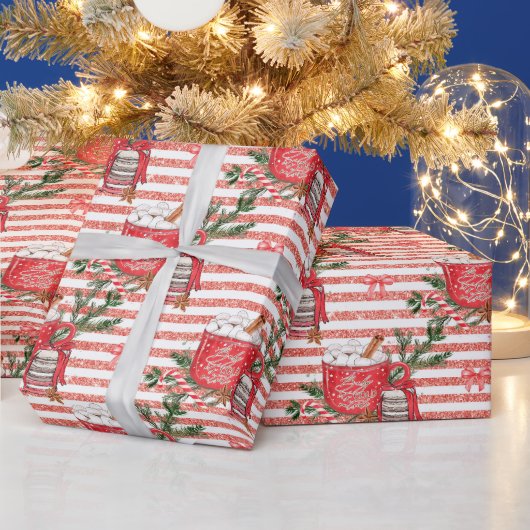 ココア赤の外に独自の寒さを作ストライプ成 ラッピングペーパー (クリスマス)