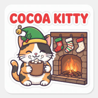 ココア・キティ・ステッカー — 三毛猫のエルフ帽子とホットココア スクエアシール
