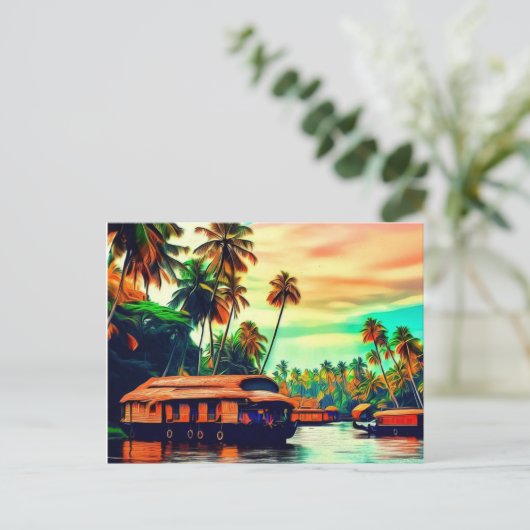 ココエレガントヤシの木のケララ自然景観 ポストカード (スタンド正面)