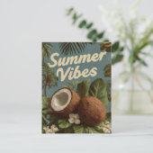 ココナッツや熱帯植物の葉が多い「夏の雰囲気」 ポストカード (スタンド正面)