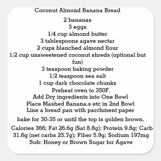 ココナッツアーモンドバナナブレッドグルテンフリー スクエアシール (正面)