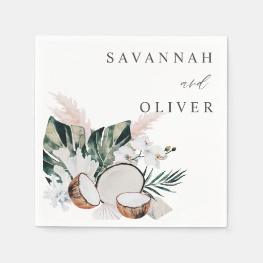 ココナッツコーラル&ホワイトフローラネームナプキンス スタンダードカクテルナプキン (正面)