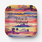 ココナッツパームツリーカラフルコースタルサンセット ペーパープレート (正面)