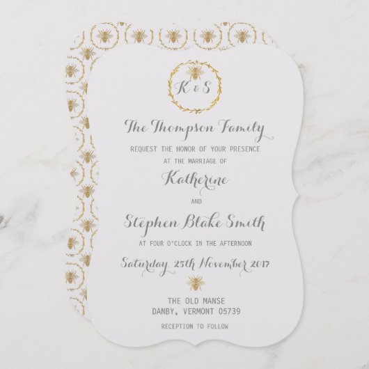 ココナッツミルクホワイトゴールドフォイルゴールデンビー結婚ズ 招待状 (正面/裏面)