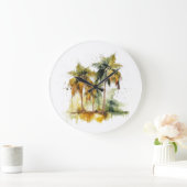 ココナッツ水彩熱帯地方の緑のヤシの木 ラージ壁時計 (ホーム)