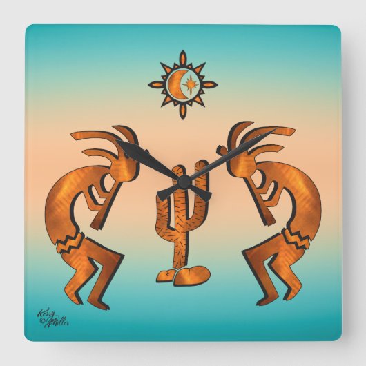 ココペリとサボテンの正方形の壁時計 スクエア壁時計 (正面)