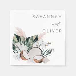 ココモダンコナッツコーラル&ホワイトフローラネームナプキンス スタンダードカクテルナプキン