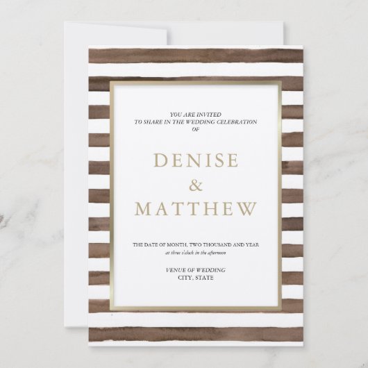 ココ モカ ウォーターカラー ストライプ & ゴールドレタリング 招待状 (正面)