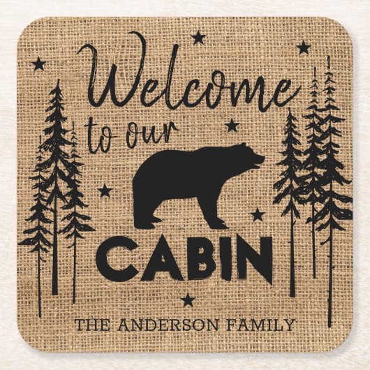 コジ素朴ーようこそ私たちのキャビンファミリー名 スクエアペーパーコースター (正面)