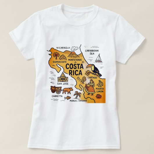 コスタリカのヴィンテージ旅行地図 Tシャツ (デザイン正面)