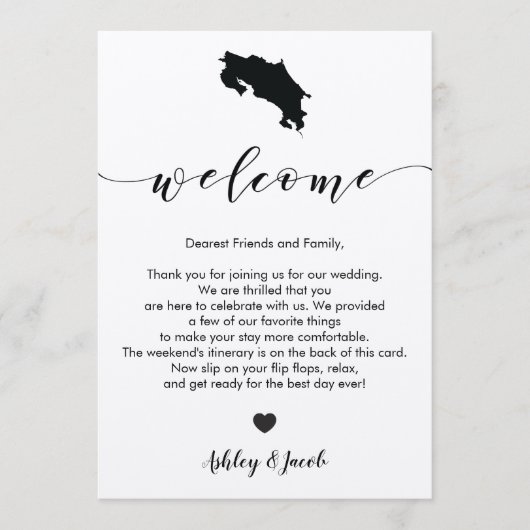 コスタリカの結婚式の歓迎の手紙及び旅程カード プログラム (正面)