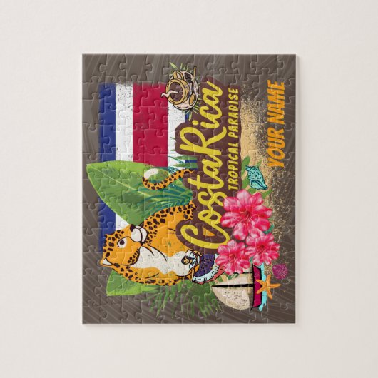 コスタリカレトロ大きな猫ヴィンテージ旗土産 ジグソーパズル (縦)