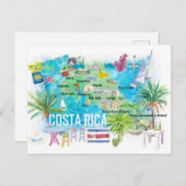 コスタリカ図解入りの、写真付きの旅行地図と道路 ポストカード (正面/裏面)