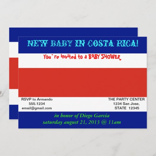 コスタリカ国旗と赤ちゃんシャワー招待状 招待状 (正面/裏面)