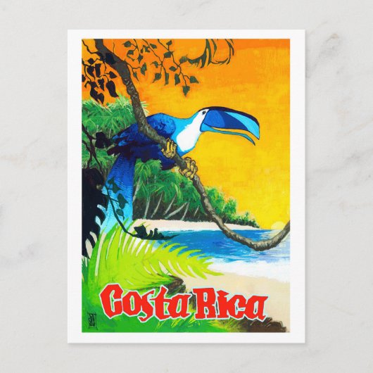 コスタリカ，エキゾチックなオウムの上のビーチ,ヴィンテージ ポストカード (正面)