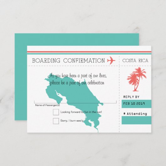 コスタリカ 搭乗券 RSVP 返信カード コーラルとミント (正面/裏面)