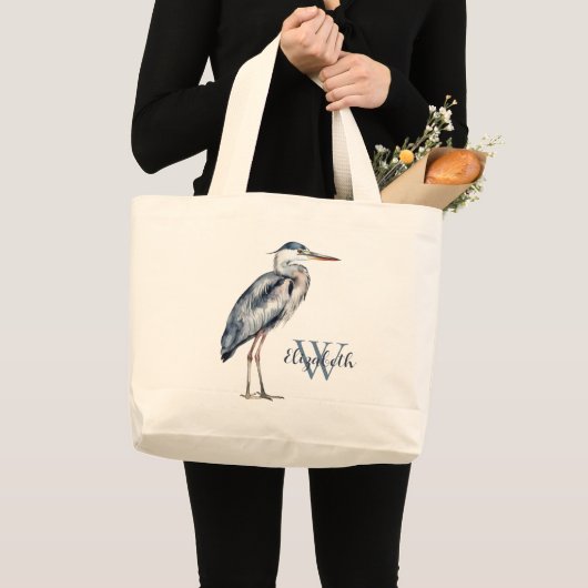 コスタルブルーヘロン鳥のモノグラム ラージトートバッグ (正面(商品))