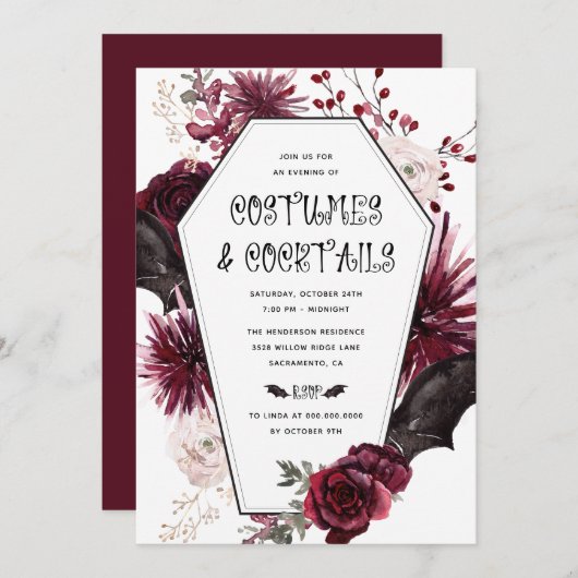 コスチュームとカクテルアダルトハローウィンパーティ 招待状 (正面/裏面)