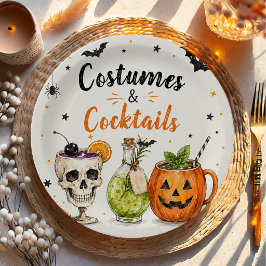 コスチュームとカクテル 手描き ハッピーハロウィン ペーパープレート