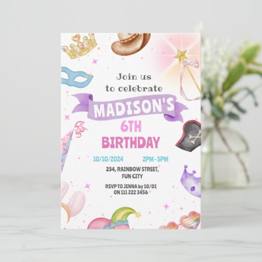 コスチュームパーティーキッズピンクガール誕生日 招待状 (スタンド正面)