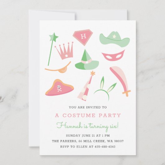 コスチュームパーティー子供の誕生日パーティーパステル 招待状 (正面)