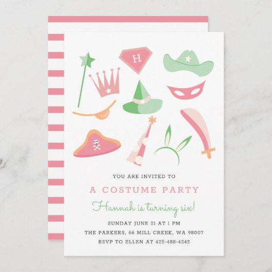 コスチュームパーティー子供の誕生日パーティーパステル 招待状 (正面/裏面)