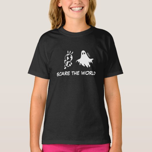 コスチューム少年ハロウィンシャツがワールドブラックを怖がる Tシャツ (正面)
