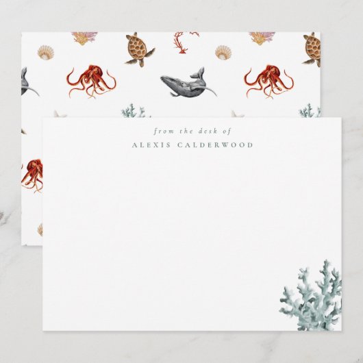 コステモダンルグリーンシーコーラルパーソナライズされた ノートカード (正面/裏面)