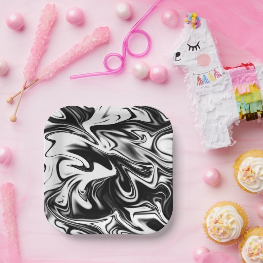 「コスミックスワール：黒と白の大理石のエレガンス ペーパープレート (パーティー)