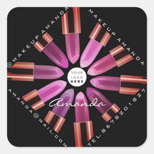 コスメメイクアップアーティストピンクのリップスティックのロゴ スクエアシール (正面)