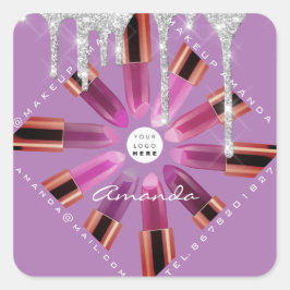 コスメメイクアップアーティストピンクリップスティックロゴDripGray スクエアシール