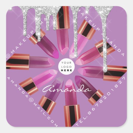 コスメメイクアップアーティストピンクリップスティックロゴDripGray スクエアシール (正面)