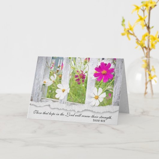 コスモスの花のフェンスのバイブルの詩のカード カード (黄色い花)