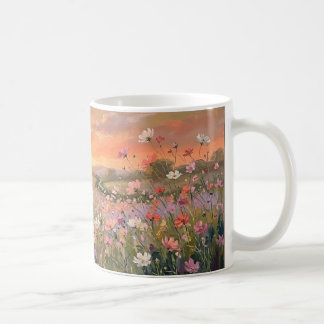 コスモスの草原の夕焼け 陶器マグカップ – ピンクの花のオイルペイント コーヒーマグカップ