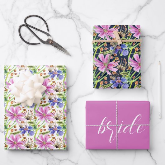 コスモスピンクとブルーのブライダルウェディング ラッピングペーパーシート (正面)