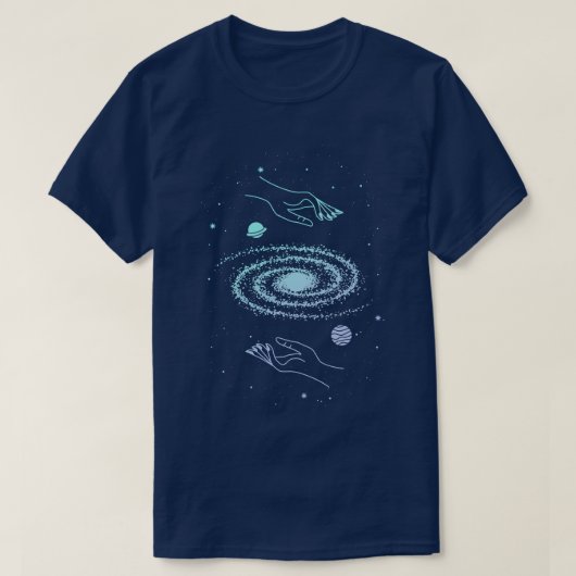 コスモス銀河系と手の神聖な幾何学の星 Tシャツ (デザイン正面)