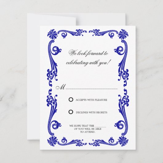 コスモポリタンな花と渦巻きのデザインの出欠返信カード 招待状 (裏面)