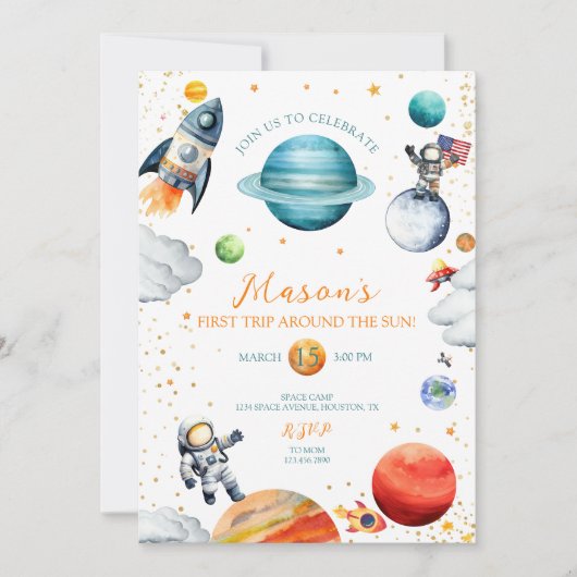 コズミックアドベンチャーウォーターカラー宇宙誕生日 招待状 (正面)